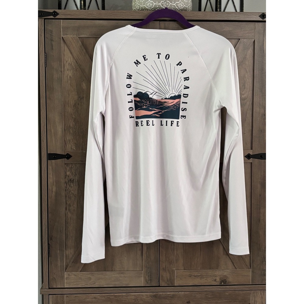 Reel Life Sun Shirt Mens Medium White Long Sleeve Follow Me To Paradise Graphic